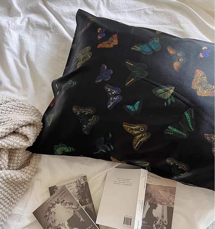 100% Silk Pillowcase with Vintage-Inspired Butterfly Design - Available in Black &amp; White Colours - Lian