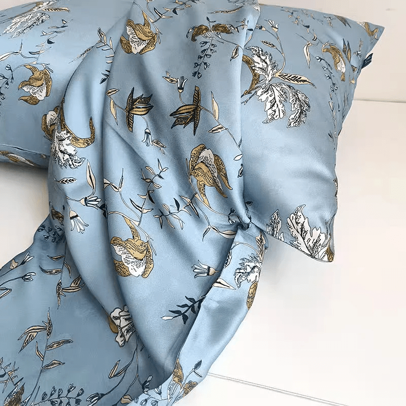 Foggy Blue Wildflower Pattern Silk Pillowcase: Mulberry Silk Pillowcase for beauty sleep/Mulberry Silk Pillowcase/20 momme Silk Pillowcase - Lian