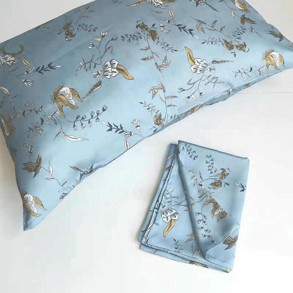 Foggy Blue Wildflower Pattern Silk Pillowcase: Mulberry Silk Pillowcase for beauty sleep/Mulberry Silk Pillowcase/20 momme Silk Pillowcase - Lian