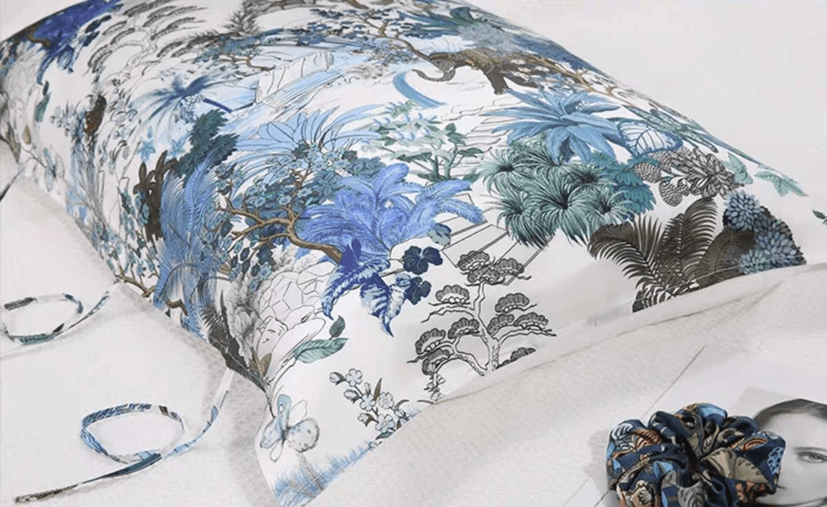 Tropical Forest Silk Pillowcase Handmade Pure Silk Pillow with zip closure Blue Floral Pillowcase for New Home Gift for Housewarming - Lian