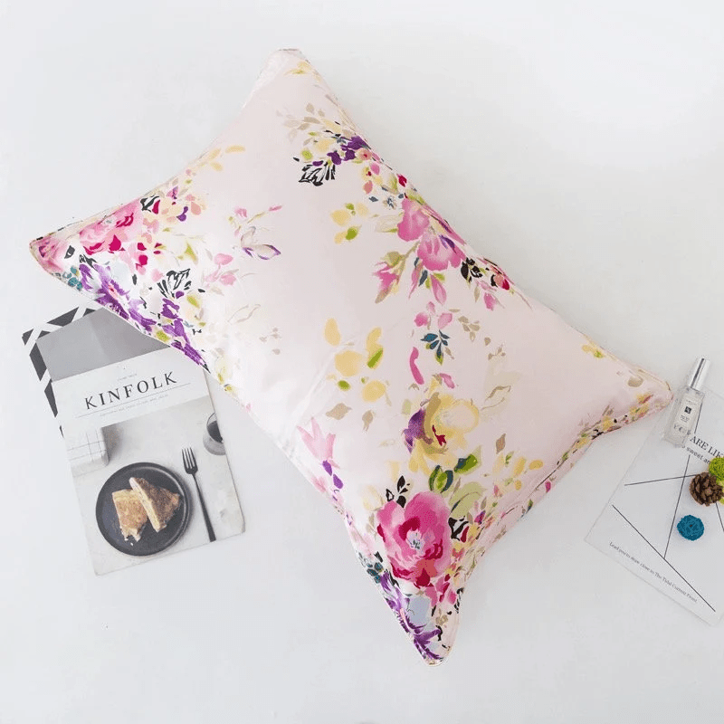 Botanical Silk Pillowcase - Pink Floral Design Pillow Cases - Lian