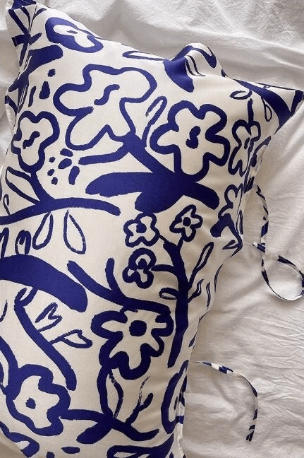 Modern Floral Mulberry Silk Pillowcase in Cobalt Blue - Luxury Silk Bedding with a Bold Contemporary Design - Lian