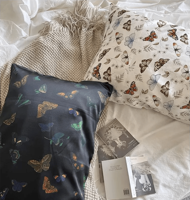 100% Silk Pillowcase with Vintage-Inspired Butterfly Design - Available in Black &amp; White Colours - Lian