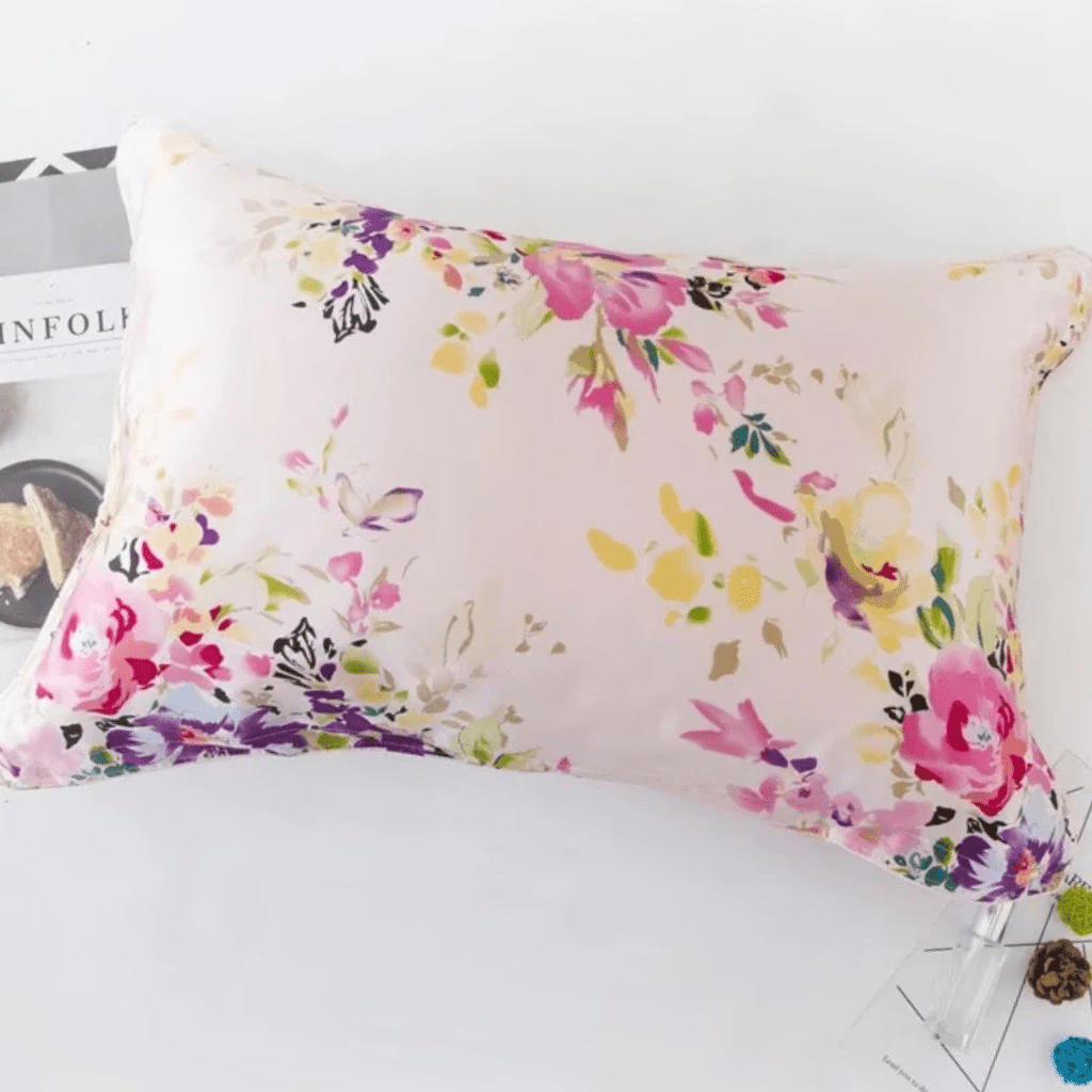 Botanical Silk Pillowcase - Pink Floral Design Pillow Cases - Lian