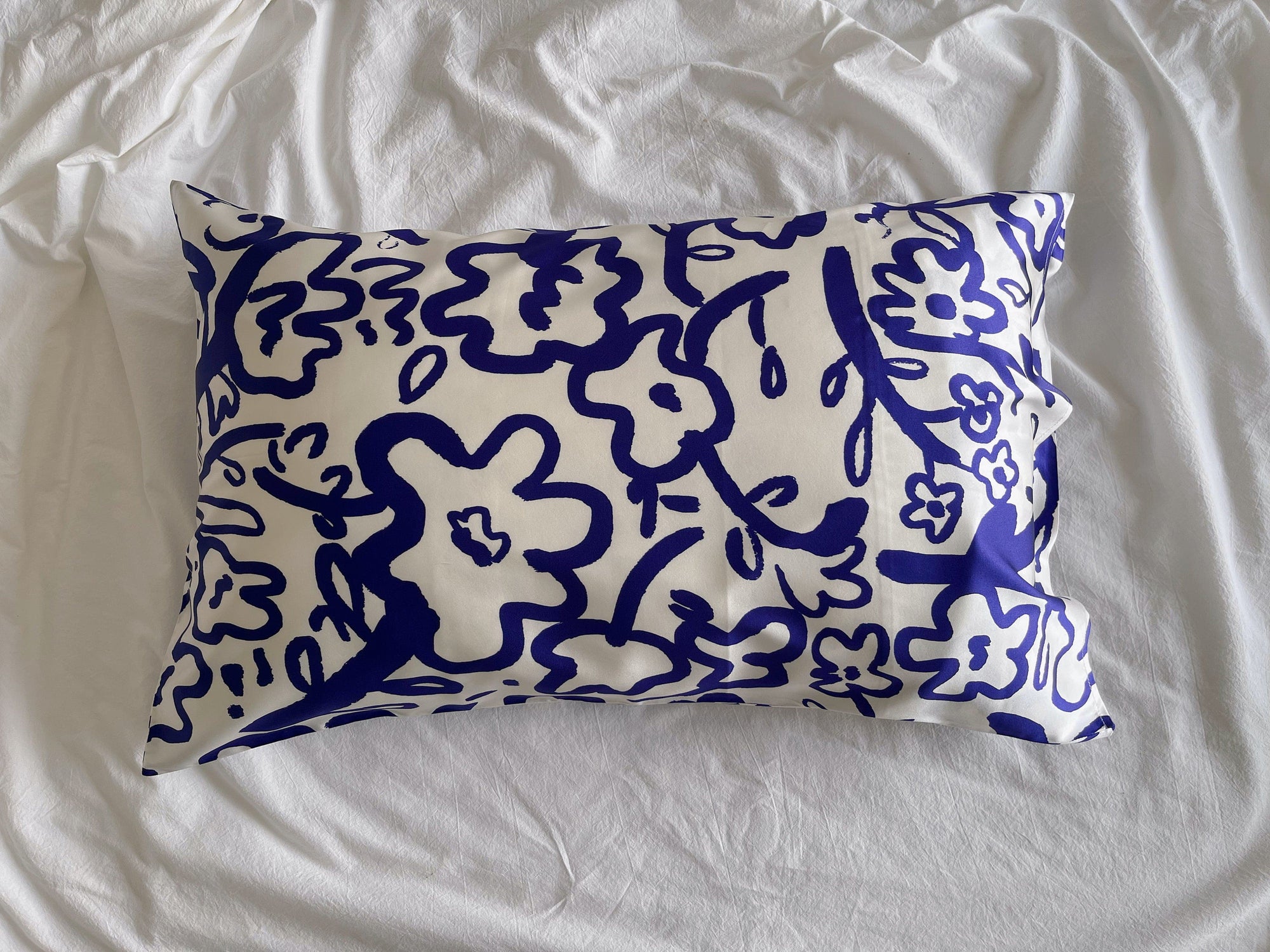 Modern Floral Mulberry Silk Pillowcase in Cobalt Blue - Luxury Silk Bedding with a Bold Contemporary Design - Lian