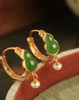 Traditional Chinese Good Fortune Gourd Jade Pearl Earrings - Lian