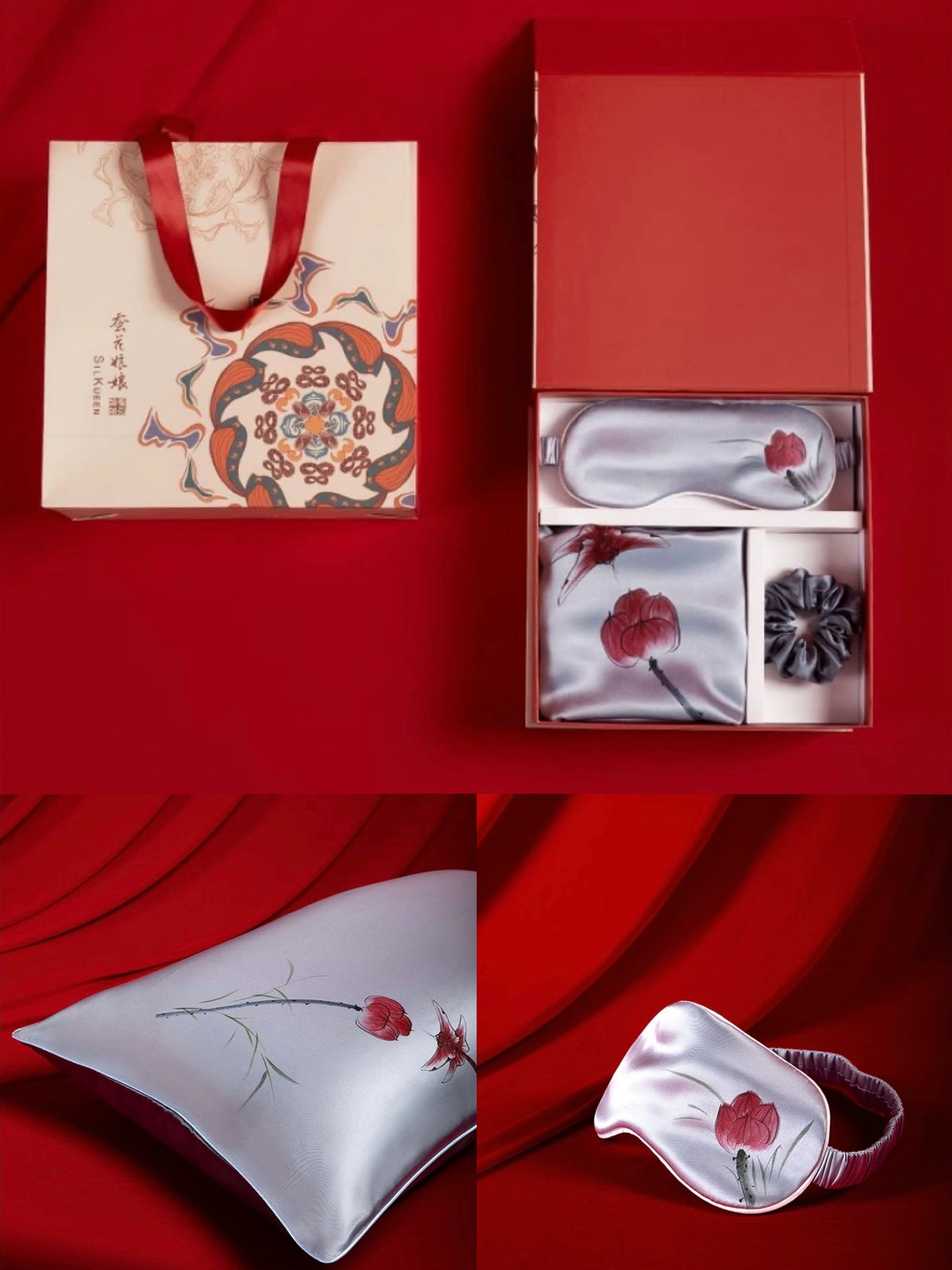 Luxury silk travel set including a 48×74 cm silk pillowcase, 20.5×8.5 cm silk eye mask, and 8.5×3 cm silk hairband, crafted from premium mulberry silk for ultimate comfort and elegance.