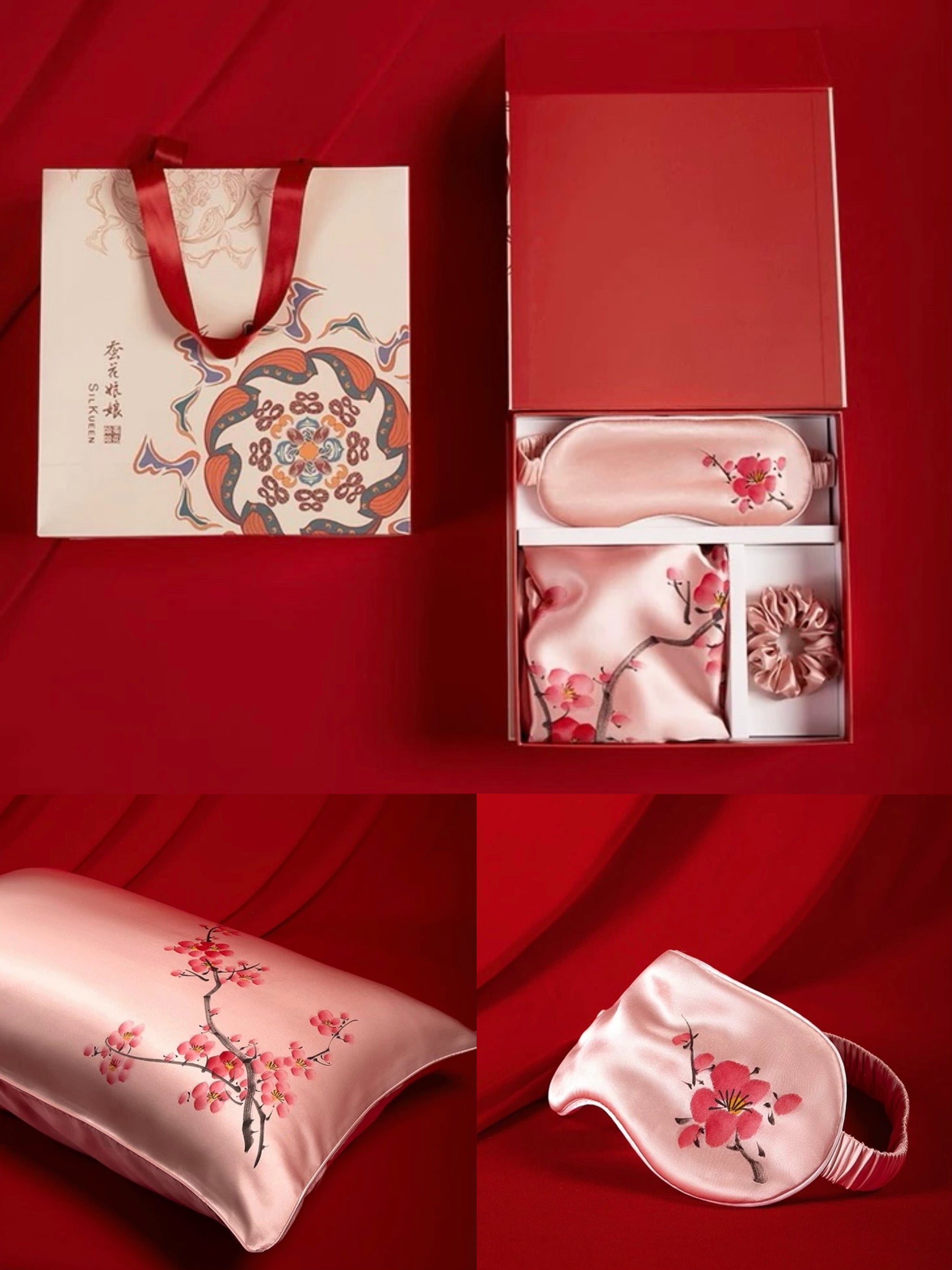 Luxury silk travel set including a 48×74 cm silk pillowcase, 20.5×8.5 cm silk eye mask, and 8.5×3 cm silk hairband, crafted from premium mulberry silk for ultimate comfort and elegance. 