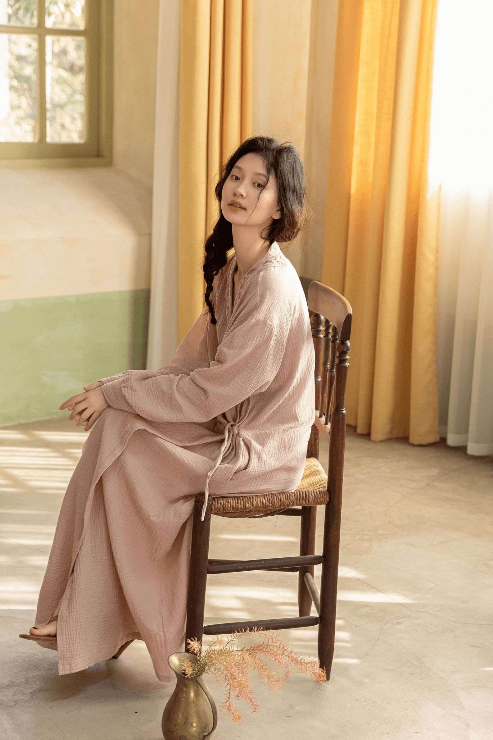 Handmade 100% Cotton Gauze Robe with Silk Embroidery - Lian