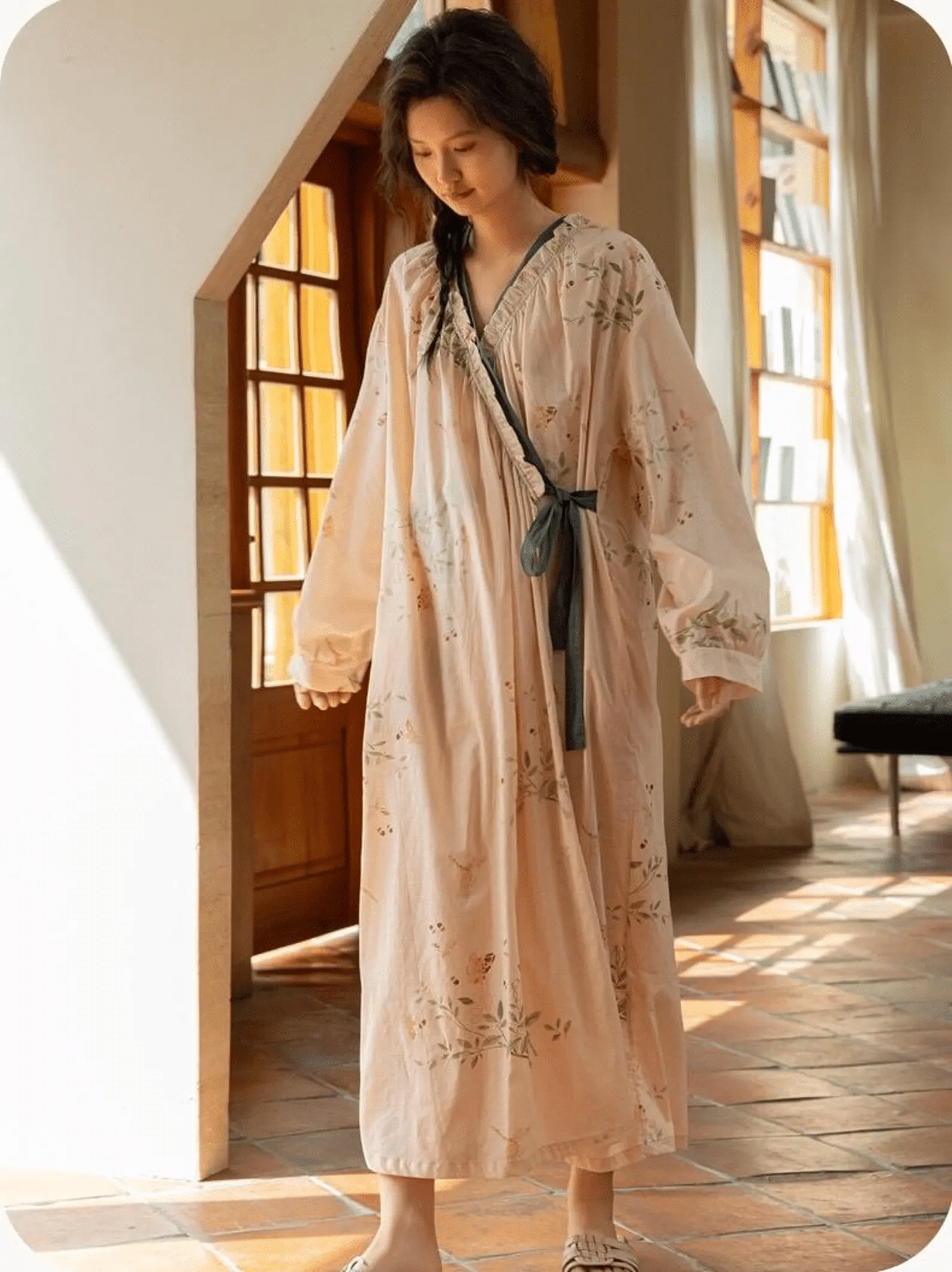 Sustainable Bamboo Cotton Robe for Women – All-Season Long Sleeve Lounge Dress - Lian