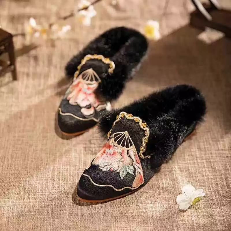 Handmade Embroidered Winter Slippers with Fur Lining - Lian