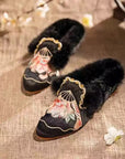 Handmade Embroidered Winter Slippers with Fur Lining - Lian