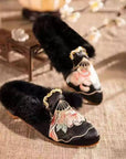 Handmade Embroidered Winter Slippers with Fur Lining - Lian