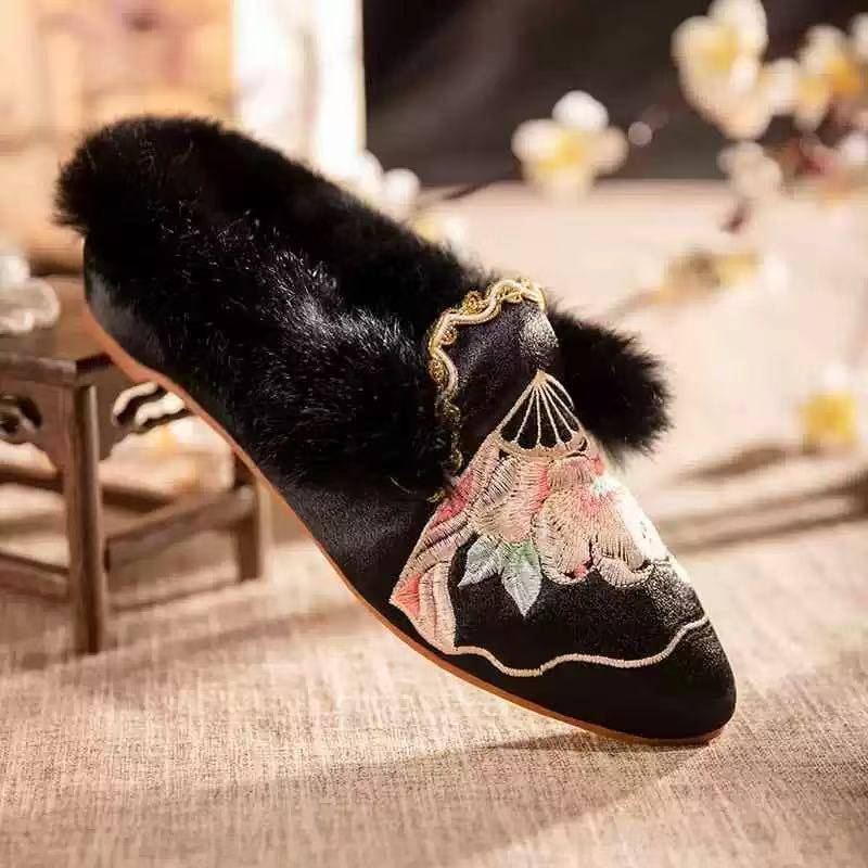 Handmade Embroidered Winter Slippers with Fur Lining - Lian