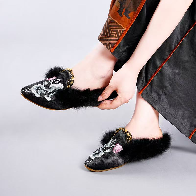 Handmade Embroidered Winter Slippers with Fur Lining - Lian