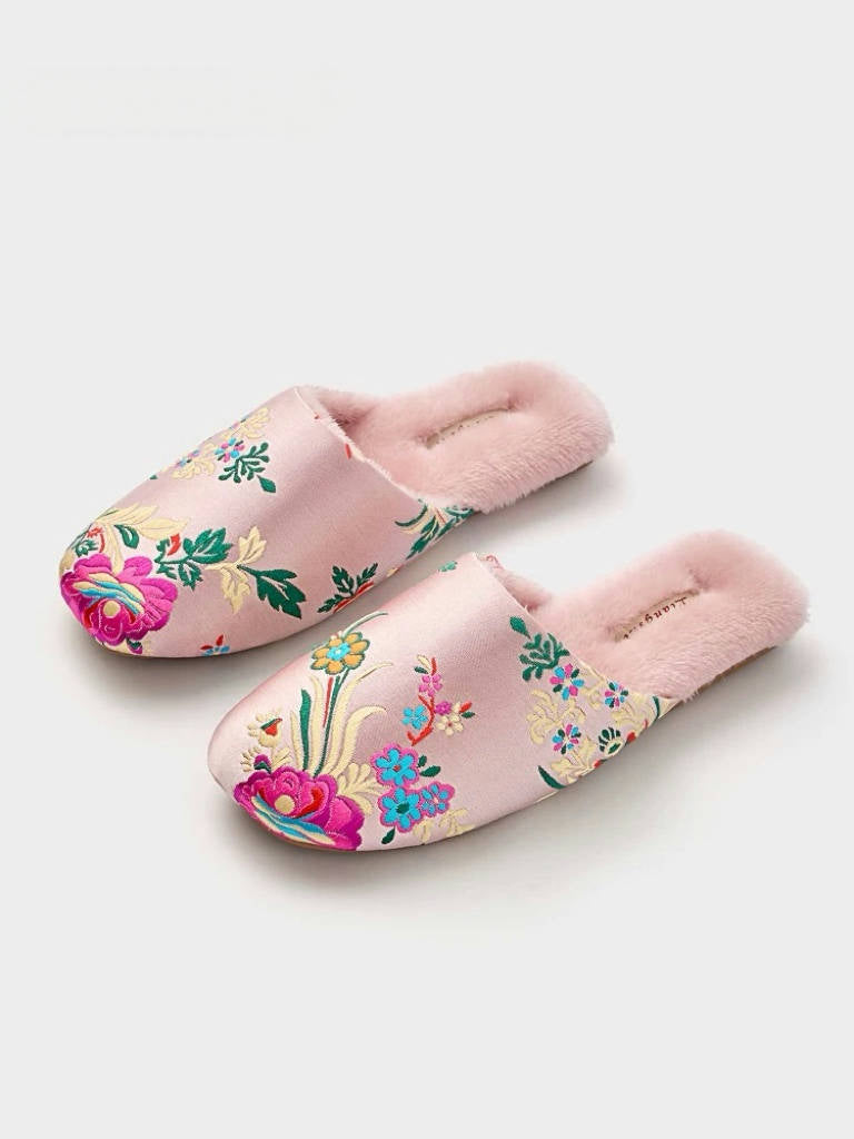 Oriental Embroidered Women&#39;s Slippers - Winter Indoor House - Pink