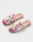 Oriental Embroidered Women's Slippers - Winter Indoor House - Pink