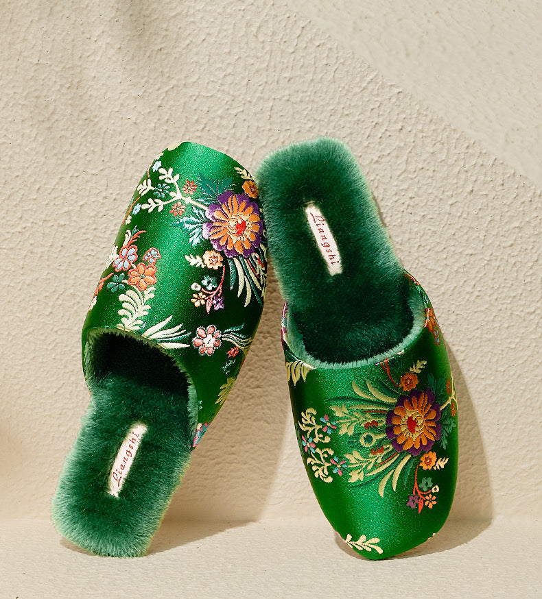 Oriental Embroidered Women&#39;s Slippers - Winter Indoor House - Deep Green