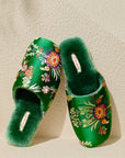 Oriental Embroidered Women's Slippers - Winter Indoor House - Deep Green