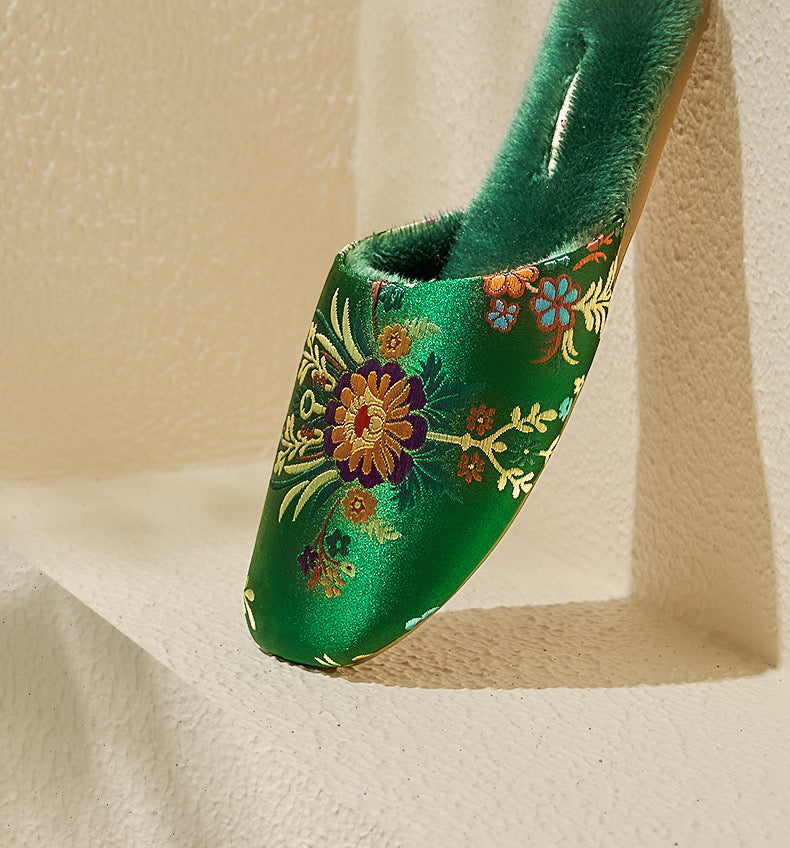 Oriental Embroidered Women&#39;s Slippers - Winter Indoor House - Deep Green