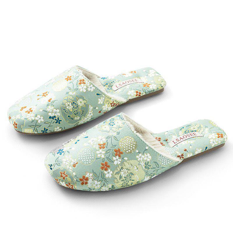 Embroidered Slippers / Women Winter House Shoes with Traditional Chinese Dragon and Floral Designs - Sea green - Lian