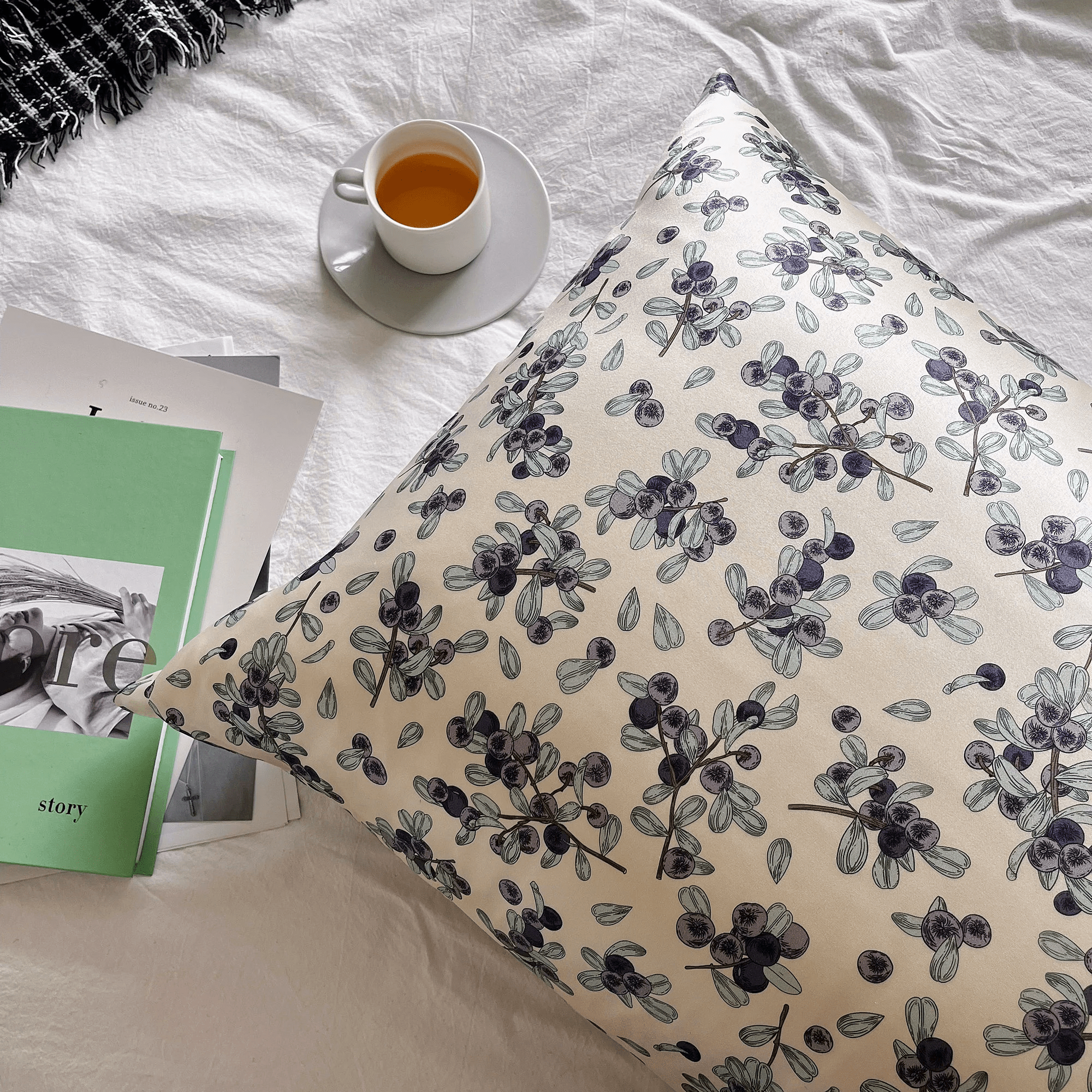 Luxurious Blueberry Bushes Pattern Silk Pillowcase for Restful Beauty Sleep - Natural Elegance for Bedroom Gift for Her House Warming Gift - Lian