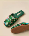 Oriental Embroidered Women's Slippers - Winter Indoor House - Deep Green