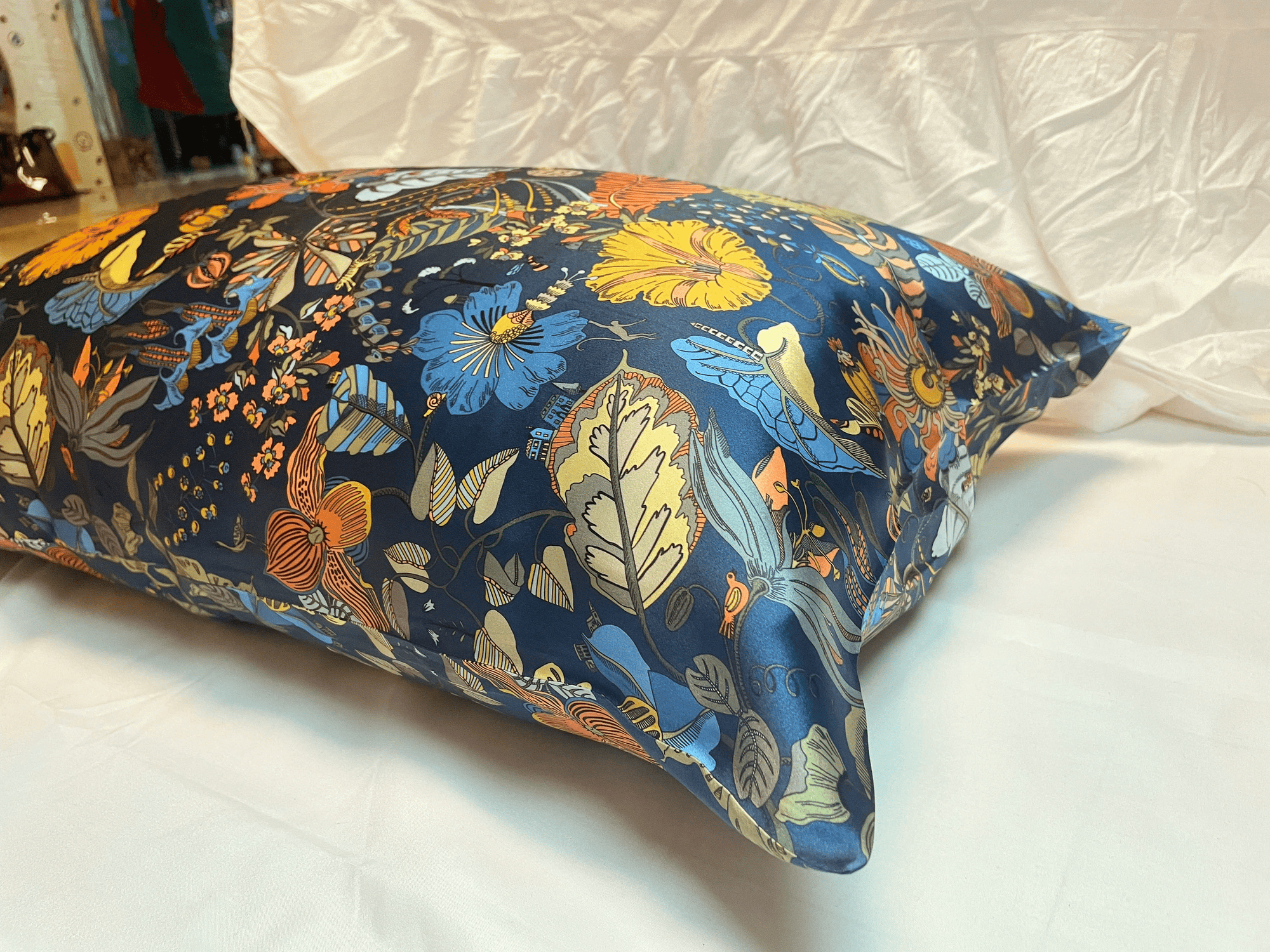 Rococo Garden Silk Pillowcase House Warming Gift Blue Silk Pillow of Luxury Bedding by Handmade Silk Gift for Her - Lian