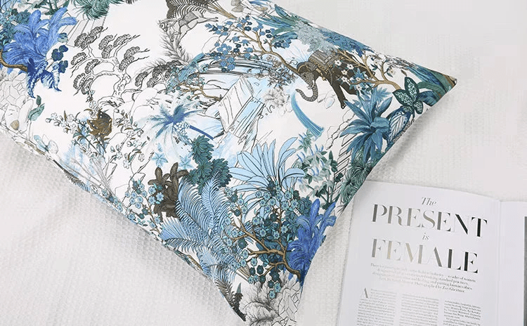 Tropical Forest Silk Pillowcase Handmade Pure Silk Pillow with zip closure Blue Floral Pillowcase for New Home Gift for Housewarming - Lian