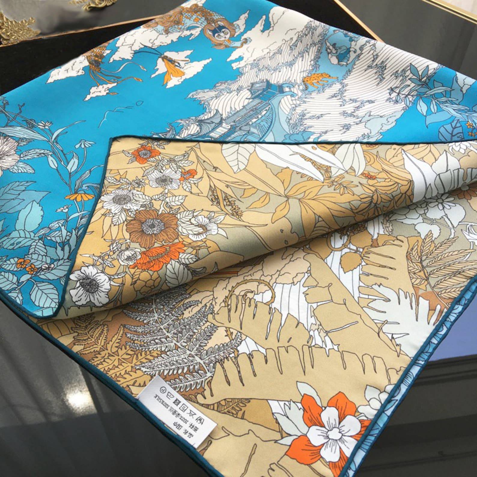 Blue and Beige Pure Silk Scarf – Dual Colours Design Inspired by Chinese Mythology - Lian