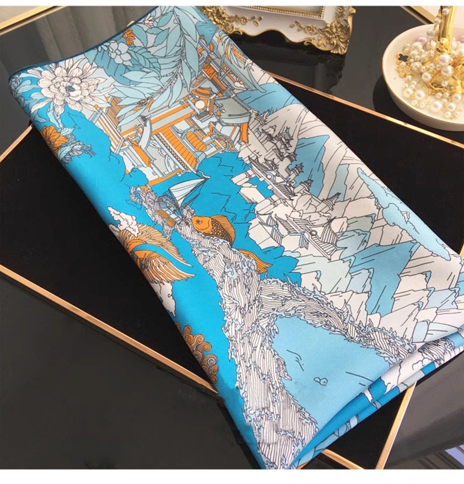 Blue and Beige Pure Silk Scarf – Dual Colours Design Inspired by Chinese Mythology - Lian