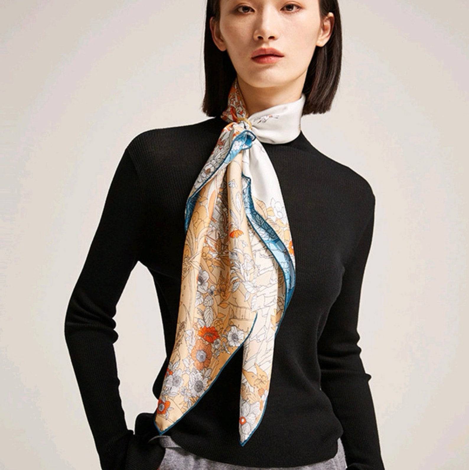 Blue and Beige Pure Silk Scarf – Dual Colours Design Inspired by Chinese Mythology - Lian