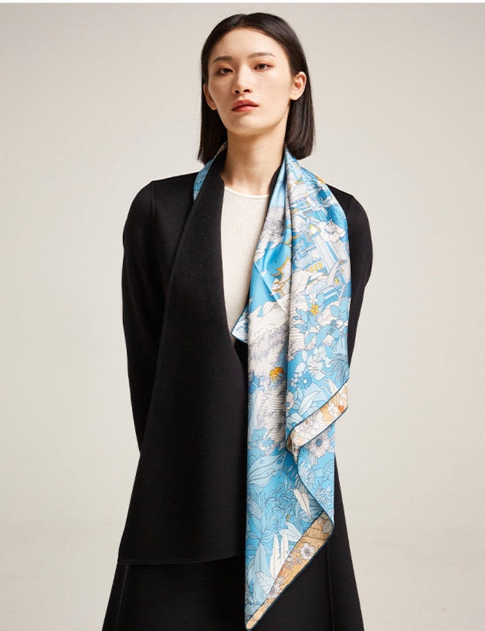 Blue and Beige Pure Silk Scarf – Dual Colours Design Inspired by Chinese Mythology - Lian