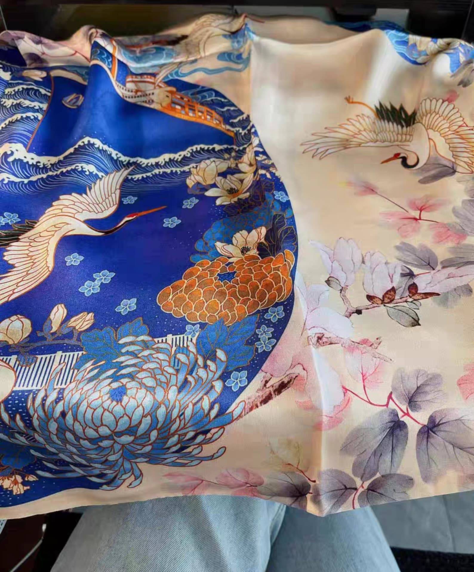 Handcrafted Chinese Crane Silk Scarf with Cheongsam Buttons – 100% Mulberry Silk - Lian