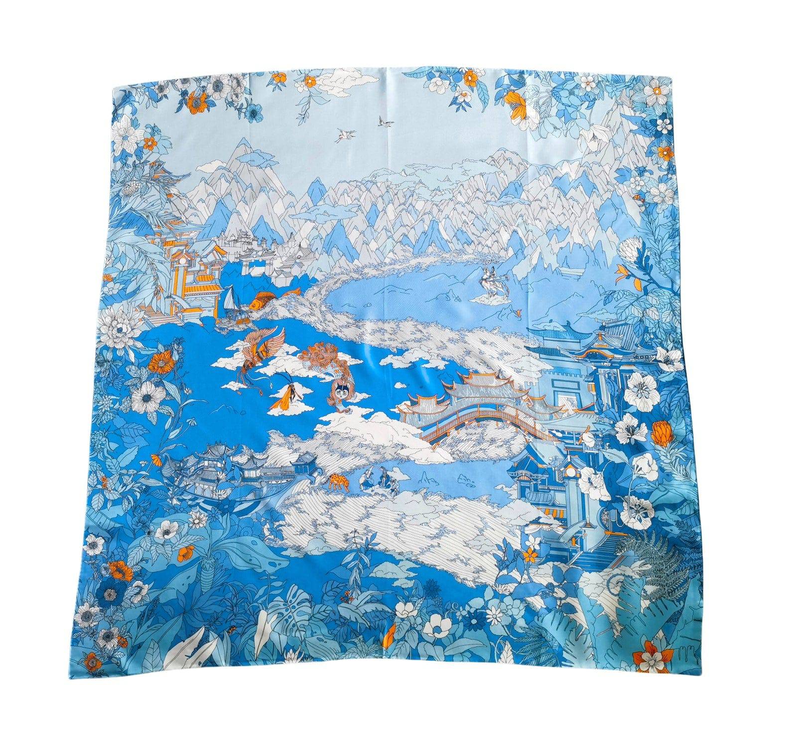 Blue and Beige Pure Silk Scarf – Dual Colours Design Inspired by Chinese Mythology - Lian