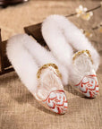 Handmade Embroidered Winter Slippers with Faux Fur Lining – White with Red - Lian