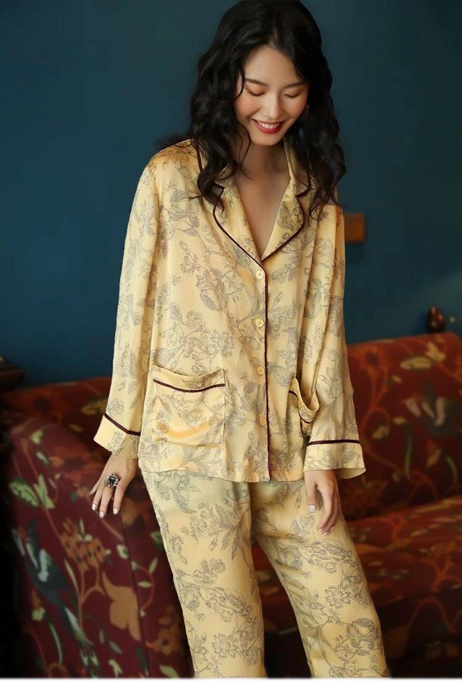 Silk Pyjamas Set in Classic Yellow with Oriental Floral Print - Lian