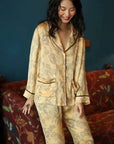 Silk Pyjamas Set in Classic Yellow with Oriental Floral Print - Lian