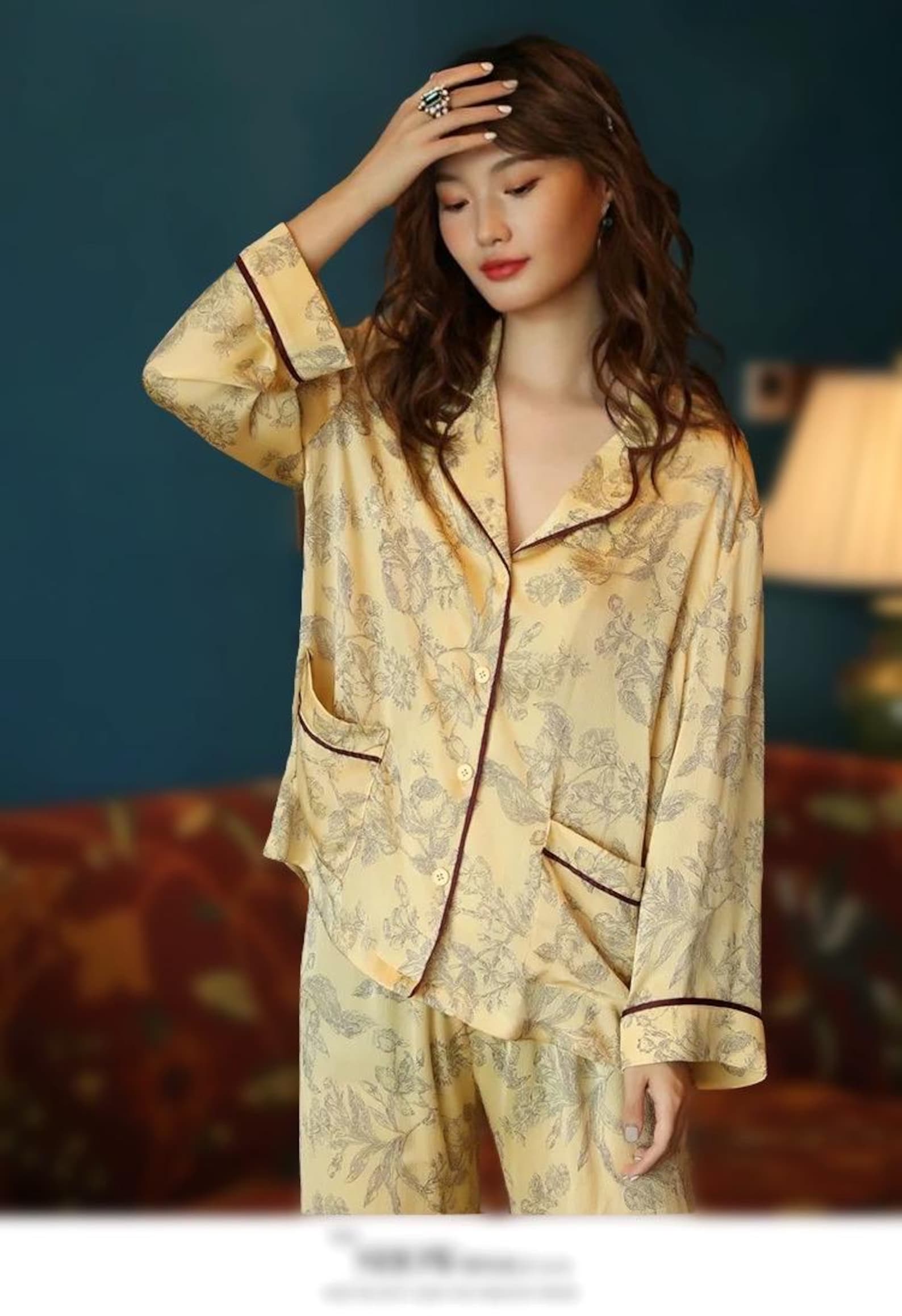 Silk Pyjamas Set in Classic Yellow with Oriental Floral Print - Lian