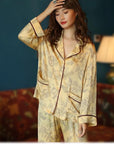 Silk Pyjamas Set in Classic Yellow with Oriental Floral Print - Lian