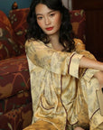 Silk Pyjamas Set in Classic Yellow with Oriental Floral Print - Lian