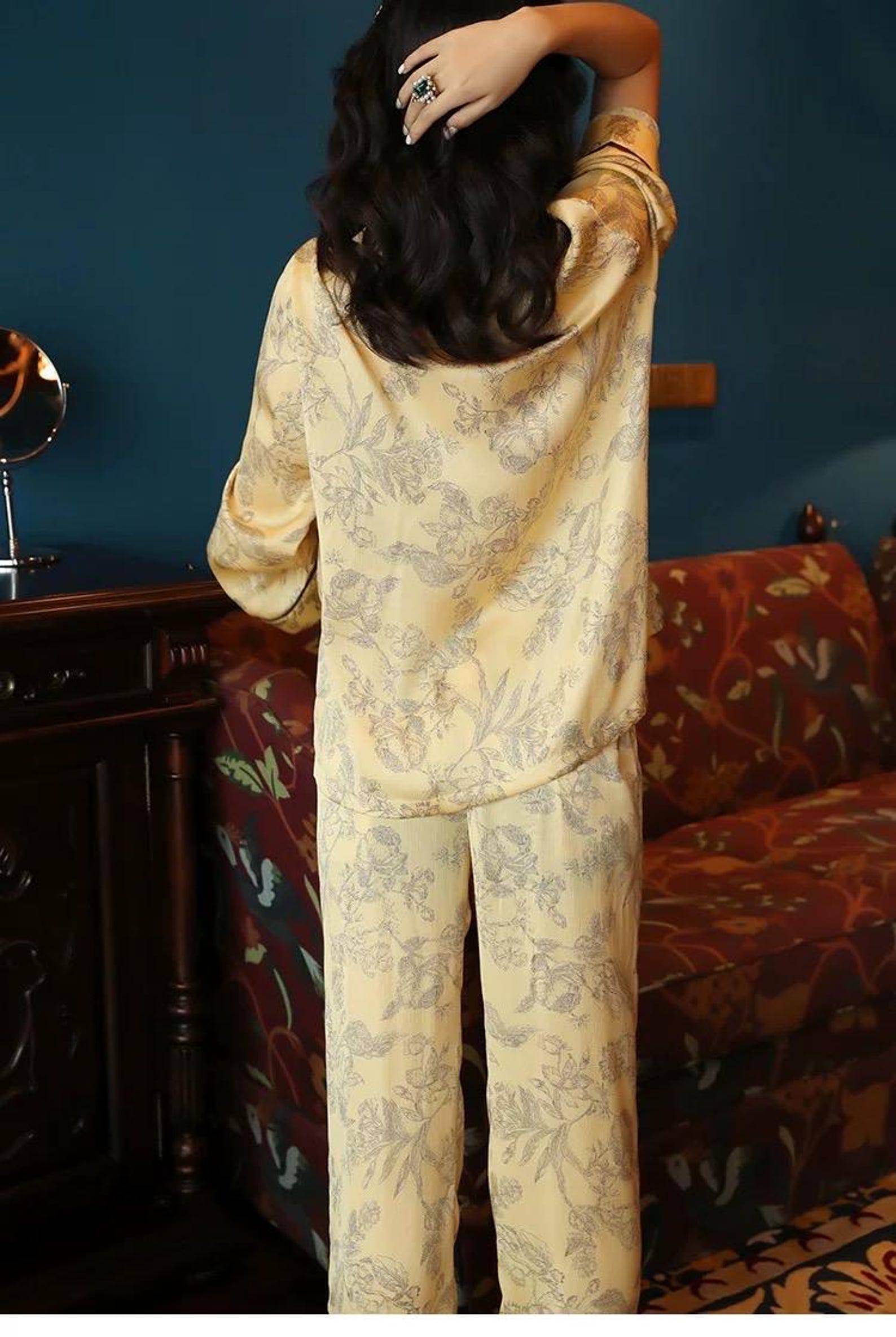 Silk Pyjamas Set in Classic Yellow with Oriental Floral Print - Lian