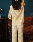 Silk Pyjamas Set in Classic Yellow with Oriental Floral Print - Lian