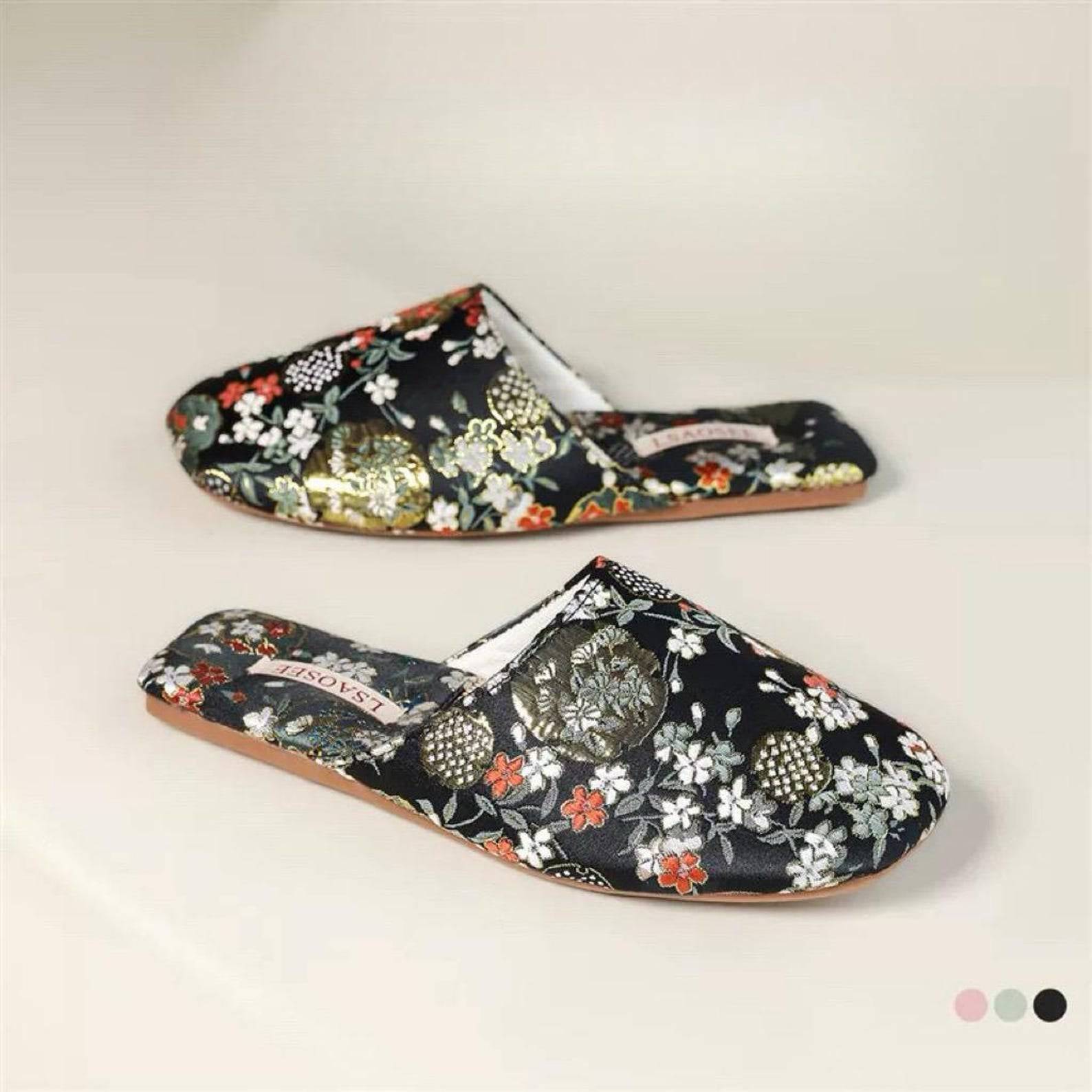 Embroidered Slippers / Women Winter House Shoes with Traditional Chinese Dragon and Floral Designs - black - Lian