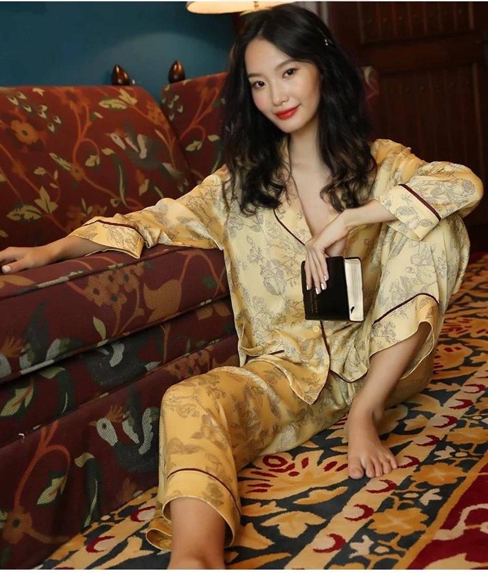 Silk Pyjamas Set in Classic Yellow with Oriental Floral Print - Lian