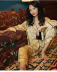 Silk Pyjamas Set in Classic Yellow with Oriental Floral Print - Lian