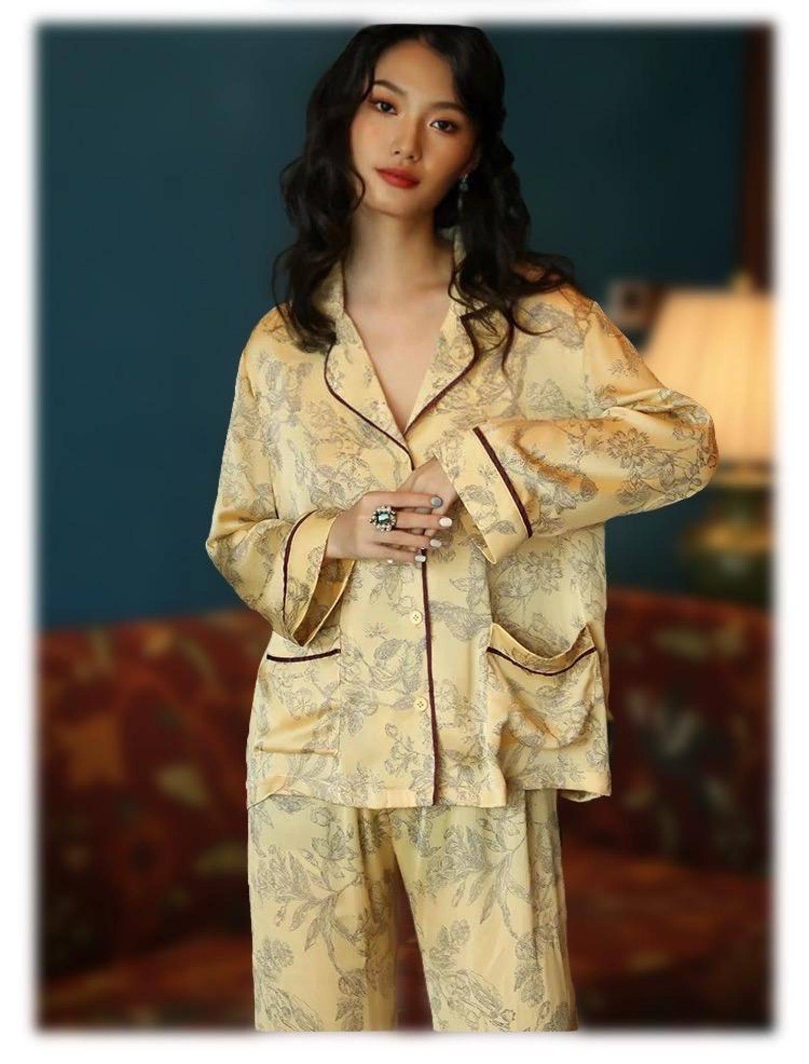 Silk Pyjamas Set in Classic Yellow with Oriental Floral Print - Lian