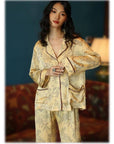 Silk Pyjamas Set in Classic Yellow with Oriental Floral Print - Lian