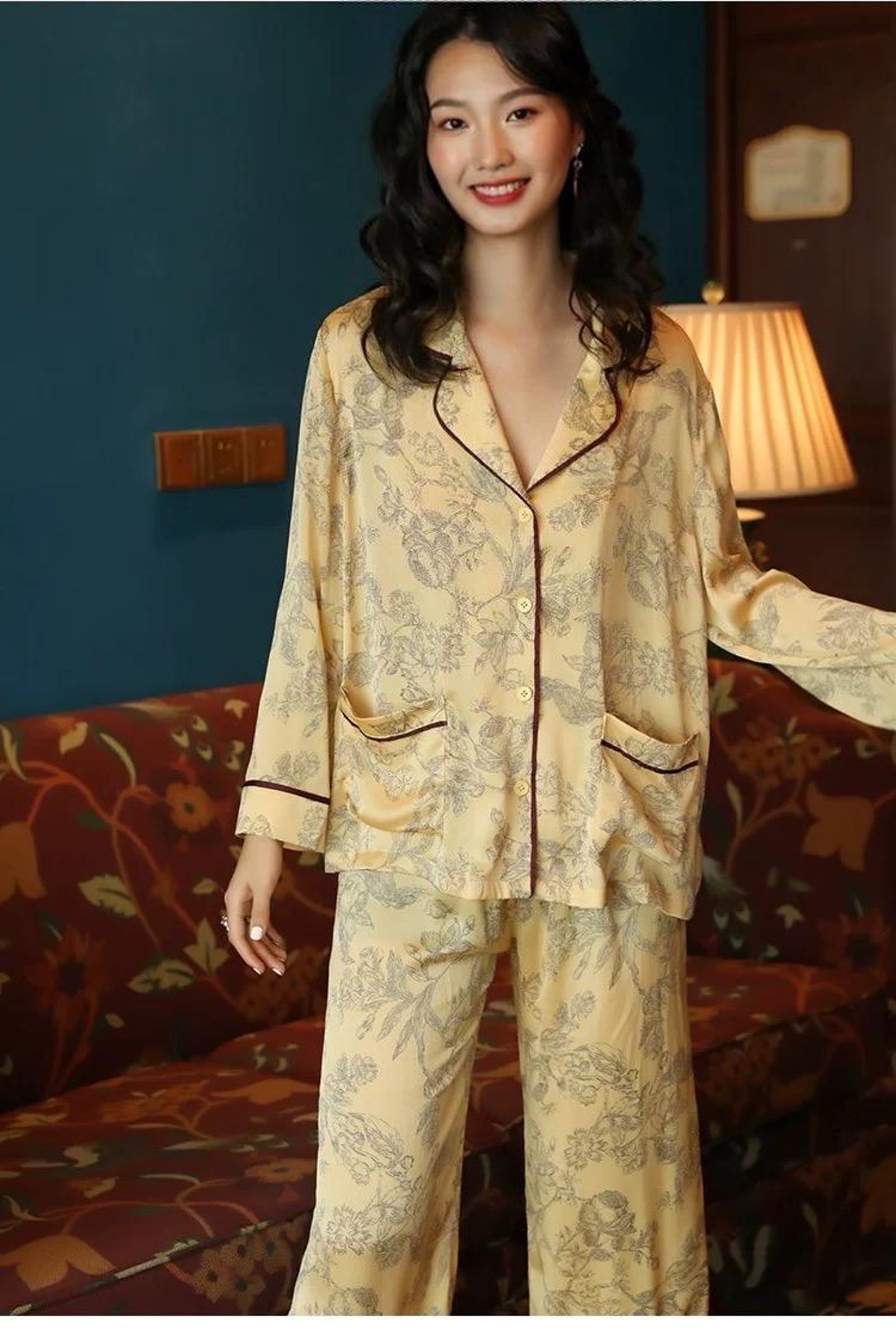 Silk Pyjamas Set in Classic Yellow with Oriental Floral Print - Lian