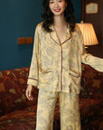 Silk Pyjamas Set in Classic Yellow with Oriental Floral Print - Lian